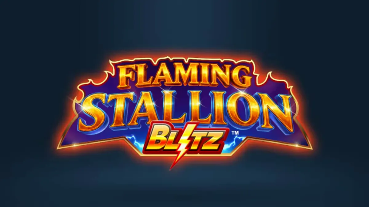 Flaming Stallion Blitz স্লট গেমের একটি স্ক্রিনশট যেখানে একটি জ্বলন্ত নীল ঘোড়া এবং মরুভূমির দৃশ্য দেখা যাচ্ছে।