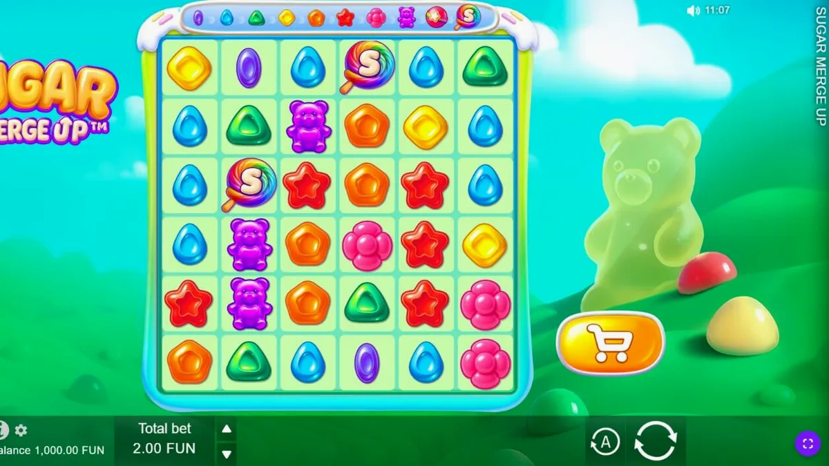 Sugar Merge Up স্লট গেমের রঙিন ক্যান্ডি থিম এবং ইন্টারফেস